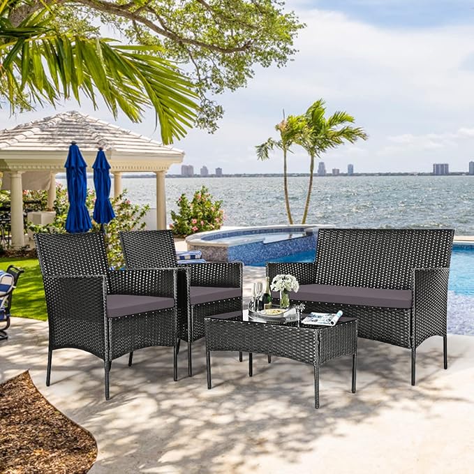 Tangkula 8 Pieces Patio Furniture Set, Outdoor Wicker Conversation Set with Tempered Glass Tabletop, Rattan Sofa and Chairs Set with Off White & Grey Cushion Covers