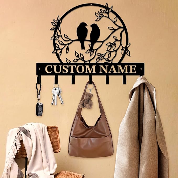 Personalized Custom Name Birds of Trees Wall Key Hooks,Metal Birds of Trees Art Clothes Hooks,Metal Birds of Trees Wall Home Storage Decorative,For Front Door, Hallway, Kitchen, Bedroom (Style F)