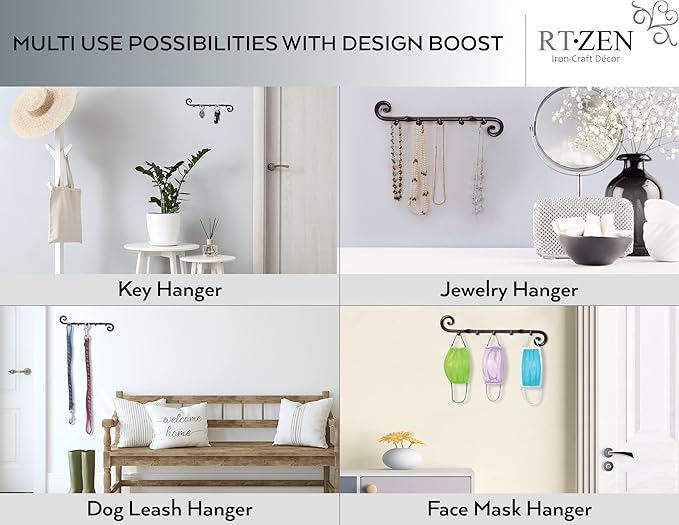 RTZEN Farmhouse Small Key Holder for Wall - Handcrafted Swirl Decorative 5 Key Hooks for Home Entryway - Wrought Iron Wall Mount Rack Purse Coat and Leash Holder or Organizer (Classic Black)