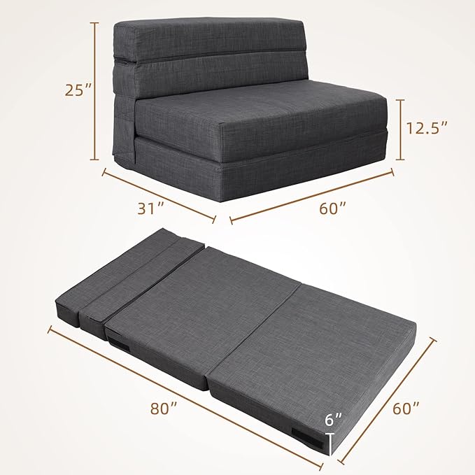 Queen Size Folding Sofa Couch Memory Foam with 2 Pillows Sleeper Chair Lazy Couch Triple Futon Convertible Guest Beds, Washable Cover,Dark Gray