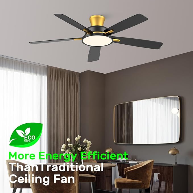 TALOYA 52 inch Ceiling Fans with Lights and Remote,Ultra Silent low profile Ceiling Fan with Three Color Temperature and Dimmable Light with Reversible Blades Black Gold