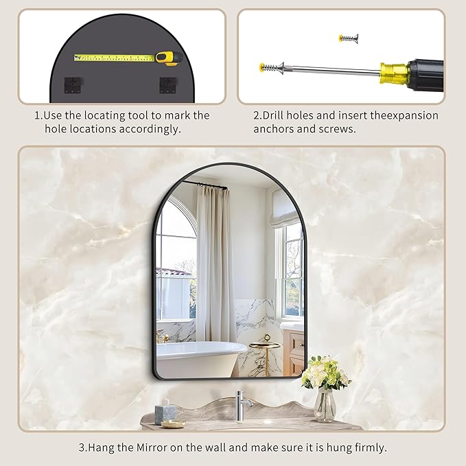 GLASHOM 30"x40" Black Arched Mirror - Wall Mounted, Aluminum Alloy Brushed Framed, Anti-Rust, Large Mirror for Over Sink, Bedroom, Entryway