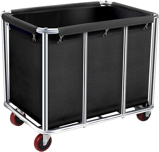 Commercial Laundry Cart with Wheels, 11.35 Bushel Large Laundry Tumbler with Removable Waterproof Canvas Lined Basket, Heavy Duty Stainless Steel Laundry Basket for Hotels and Hospitals