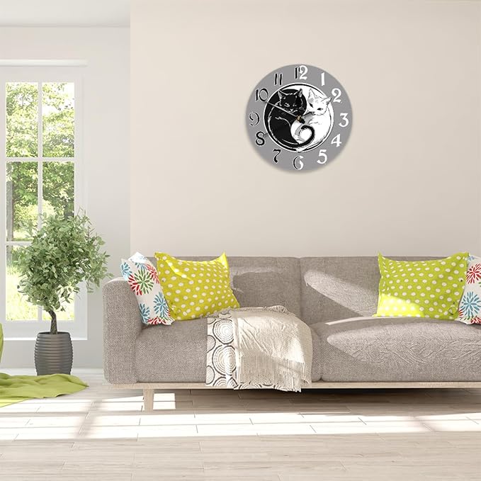 Ying Yang Tai Chi Cat Wall Clock Battery Operated 10 in Round Wall Clocks Slilent Non Ticking Quartz Analog Clock for Bedroom Kids Living Room Classroom Decor