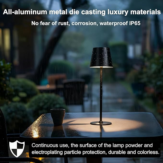 2-Pack Cordless Metal Table Lamp, 3 Adjustable Heights, 5400mAh Rechargeable Battery, 3 Colors Touch Dimming, Waterproof Portable Wireless Desk Lamp for Restaurant, Bedroom, Outdoor Patio