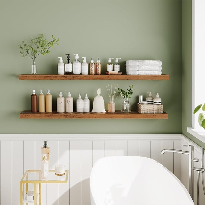 HOOBRO Floating Shelves for Wall, Wall Mounted Shelf Set of 2, 55" Hanging Shelf with Invisible Brackets, for Wall in Bathroom, Bedroom, Toilet, Kitchen, Living Room, Office, Rustic Brown BF140BJP201