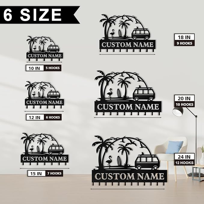 Personalized Key Holder for Wall, Beach Theme Key Holder Wall Mount with Hooks, Coconut Trees Key Hanger Wall Decor for Pool Bathroom Hallway Entryway Office, Customized Home Decor Gifts Color02