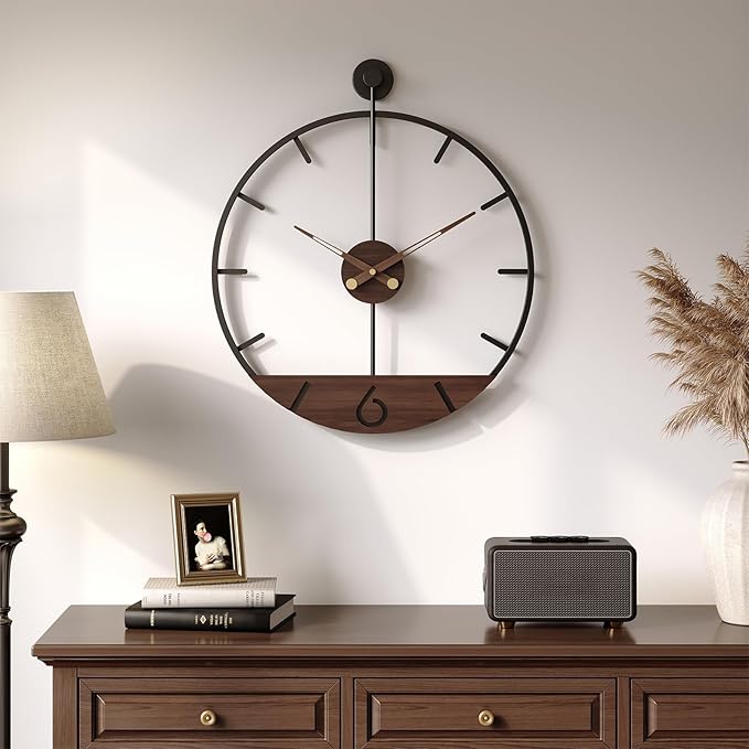 Cuspin 16 Inch Wall Clock with Walnut Wood Dial, Modern Decorative Clock Silent Non-Ticking Battery Operated Metal Frame for Living Room, Kitchen, Office, or Bedroom Wall Decor, Black and Brown