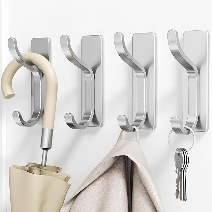 pickpiff Adhesive Wall Coat Hooks - Heavy Duty Stick-On Door Hanger, Metal Hook for Hanging Towel,Purse, Robe, Backpack, Jacket, Clothes - for Bathroom,Dorm, Closet, Kitchen - Silver, 4 Pack