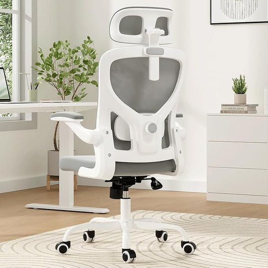 Soohow Office Chair, Ergonomic Office Mesh Desk Chair with Adjustable Back Support, High Back Comfy Computer Swivel Chair with Headrest, Lumbar Support for Study Room, Gaming and Office, White & Grey