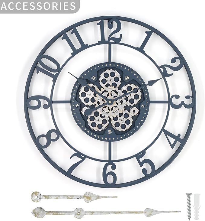 24 Inch Large Wall Clocks for Living Room Decor with Moving Gears,Large Wall Clock Industrial Steampunk,Oversized Metal Analog Wall Clocks for Farmhouse Home Battery Operated