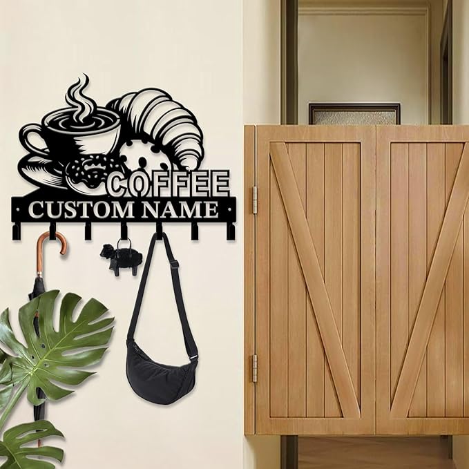 Coffee Bar Keys Holder - Metal Iron Wall Hooks with Custom Name | Personalized Home Decor & Gift Idea | Coffee-Themed Text Engraving Design (Style G)