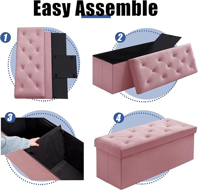 BRIAN & DANY 43 Inches Folding Storage Ottoman Bench, Velvet Ottoman with Storage for Living Room, Long Shoes Bench,Flannelette Footrest Benches Seat (Hot Pink)
