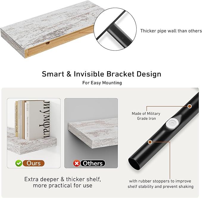 Fun Memories Deep Floating Shelves - 16" W x 9.3" D x 1.6" H Rustic Grey Wall Shelf - Wall Mounted Shelves for Storage - Wooden Shelves with Invisible Brackets for Living Room, Farmhouse - Set of 2