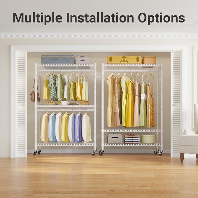 VIPEK R2 Plus Rolling Garment Rack 3 Tiers Adjustable Wire Shelving Clothes Racks with Wheels, Freestanding Wardrobe Storage Rack Heavy Duty Metal Clothing Racks for Hanging Clothes, White