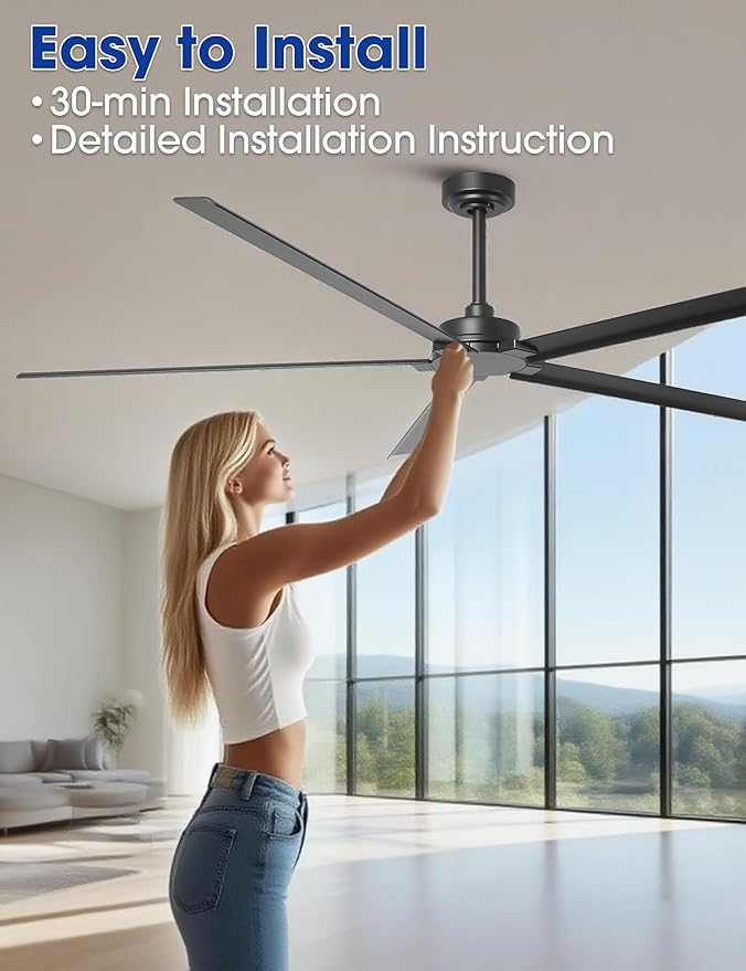 Ceiling Fans Outdoor Waterproof, 72 Inch Black Industrial Ceiling Fans without Lights, Large Ceiling Fan No Light with 5 Aluminum Blade, Reverse DC Motor, Outdoor Fans for Patio Shop Garage LivingRoom