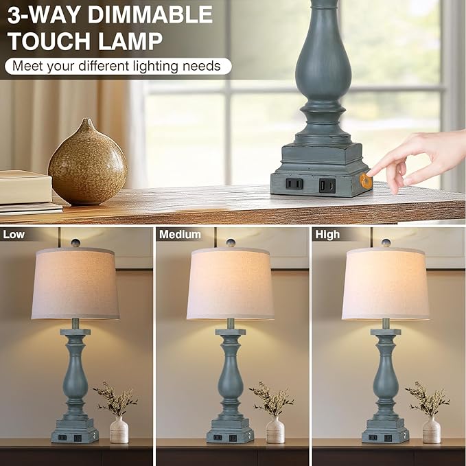 28" Tall Farmhouse Table Lamp with USB C+A Ports and AC Outlet, 3 Way Touch Control Rustic Bedside Lamp for Bedroom, Blue Vintage Nightstand Lamp for Living Room Office