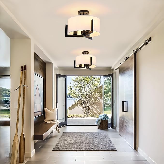 16 inch Semi Flush Mount Ceiling Light: 3-Light Black Modern Light Fixtures Ceiling Mount with Drum Fabric Shade, Close to Ceiling Lamp for Bedroom, Kitchen, Entryway (Bulb Exclude)