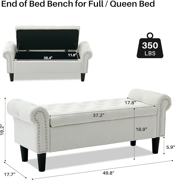 Storage Bench, 50" Queen End of Bed Bench, Linen Tufted Button Upholstered Bedroom Bench, Storage Ottoman with Rolled Arms, Window Bench with Storage, for Living Room, Entryway Beige