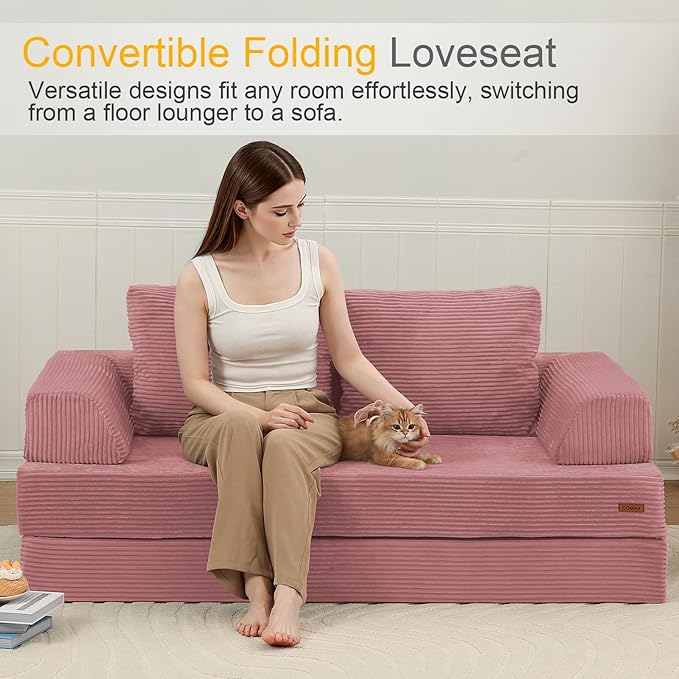 COMAX Convertible Sofa Bed, Folding Floor Couch Corduroy Fold Out Couch Bed Futon Sleeper Mattress with Pillows, Boneless Sofa Comfy Lounge Loveseat for Living Room Bedroom, Pink