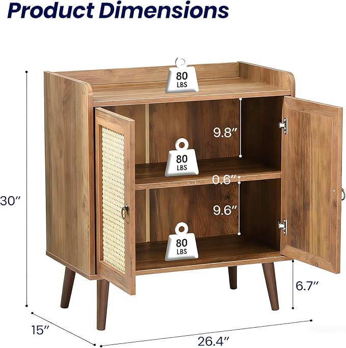 26" Rattan-Door Sideboard Cabinet with Round Pull Rings, 2-Door Credenza Buffet with Generous Storage, Modern Accent Cabinet for Living Room & Kitchen, Light Brown