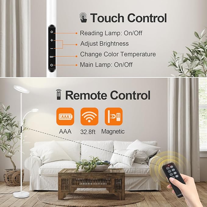 OUTON LED Floor Lamp, 27W/2400LM Modern Torchiere & 7W/ 400LM Reading Lamp, Bright Dimmable Standing Tall Lamp with 4 Color Temperature, Remote Touch Control for Living Room Bedroom Office, White