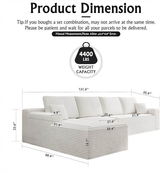 3-Piece Boneless Modular Sectional Sofa, Cloud Couch with Left Facing Chaise, Oversized Deep Seat, Soft Corduroy Fabric, Sectional Couch for Living Room-White