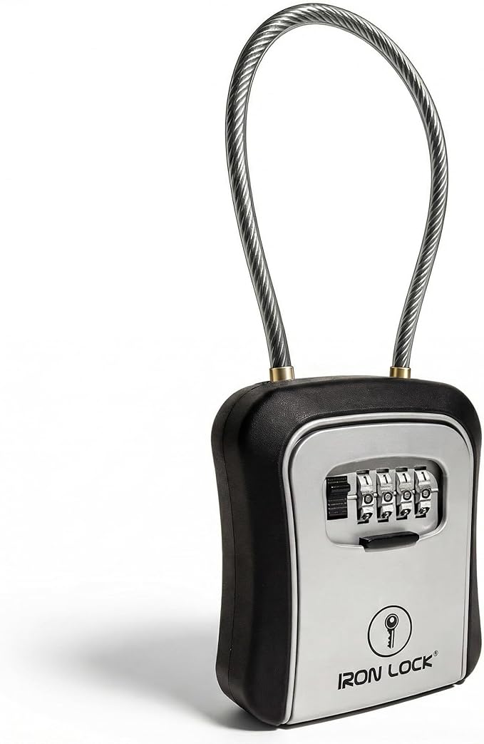 Iron Lock® Key Lock Box Portable with Cable Shackle & Wall Mount – Waterproof Metal Lock Box for Keys with 4-Digit Combination & Resettable Code – Indoor/Outdoor Key Safe (Grey, Medium)