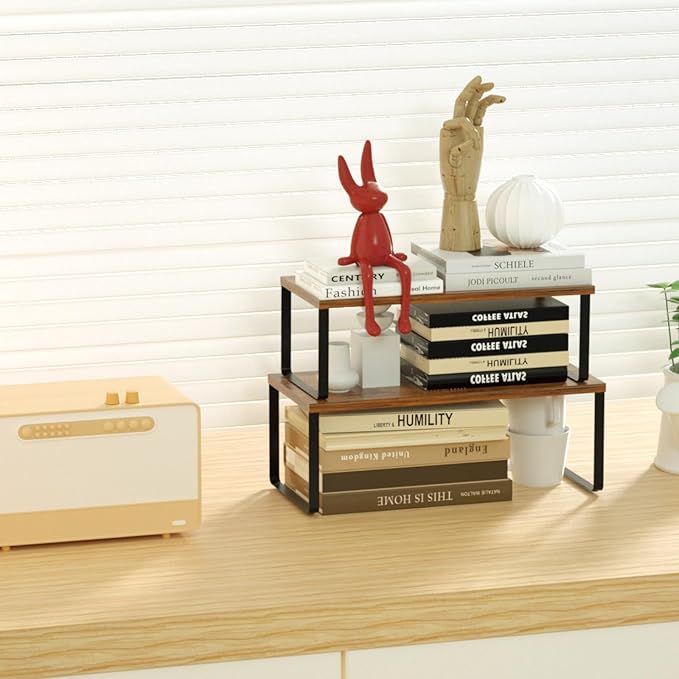 NEX Kitchen Cabinet and Counter Shelf Organizer, Stackable & Expandable, Set of 4, Black and Rustic Brown - 7.7 x 15.6 x 6.2''