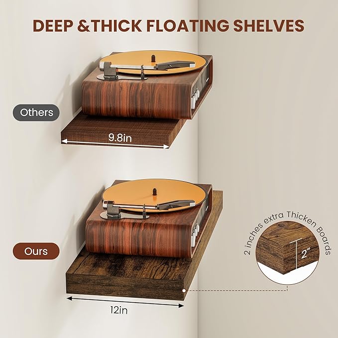 Vivelove 12" Deep Floating Shelves Over Toilet, 24" Wall Shelves for Bathroom Bedroom Kitchen Living Room Laundry Room, Farmhouse Rustic Shelves for Home Decor, 24" X 12" X 2" Set of 2, Rustic Brown