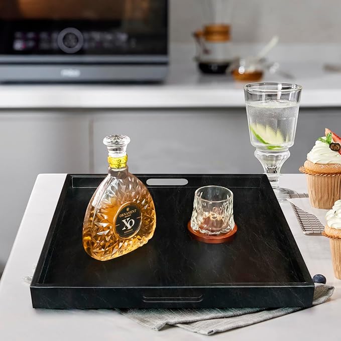 25 * 25 inches Leather Rectangle Serving Tray with Hole Handles,High-End Light Large Service Tray for Ottoman Tray, Tea, Food, Butler - Countertop, Kitchen,Family Dinner, Picnic (Black)