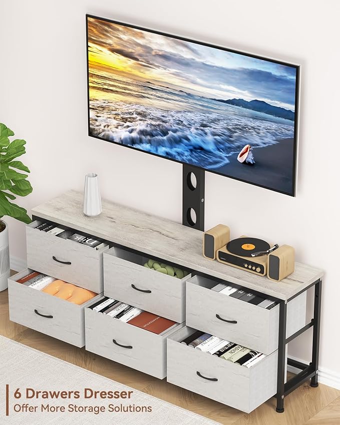 TV Stand with Mount, Fabric Dresser with 6 Drawers for 32/45/55/60/65/75 inch TVs, Dresser Entertainment Center, Modern Media TV Console Table