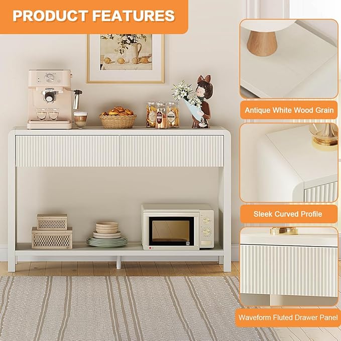 FATORRI Entryway Console Table with 2 Drawers, Modern Sofa Table for Living Room, Couch Tables Behind Sofa and Hallway Tables with Storage (47.2 inch, Antique White)