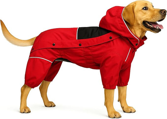 LOVELONGLONG Fleece-Lined Dog Raincoat with Removable Hood – Waterproof Winter Full Body Dog Jacket – Windproof Snowproof Cold-Weather Suit – Red-F 2XL
