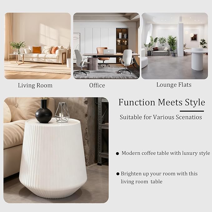 White Round Coffee Table with Sintered Stone Tabletop, 17.71" Drum Coffee Table with Fluted PU Leather Covered and Stable Base, Circle Cocktail Tea Table for Living Room