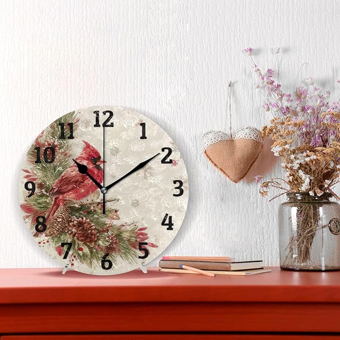 Christmas Wall Clock Red Cardinals Silent Non Ticking Wall Clock Winter Birds Decorative Battery Operated Wall Clocks 10 Inch for Home Kitchen Bedroom Living Room Office