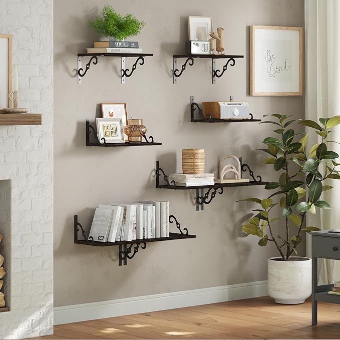 DINZI LVJ Deep Floating Shelves, 16" W x 12" D Wall Shelves Set of 2, Wide Display Shelf Wall Mounted with Brackets, Easy-to-Install Bookshelf for Living Room, Bathroom, Bedroom, Espresso