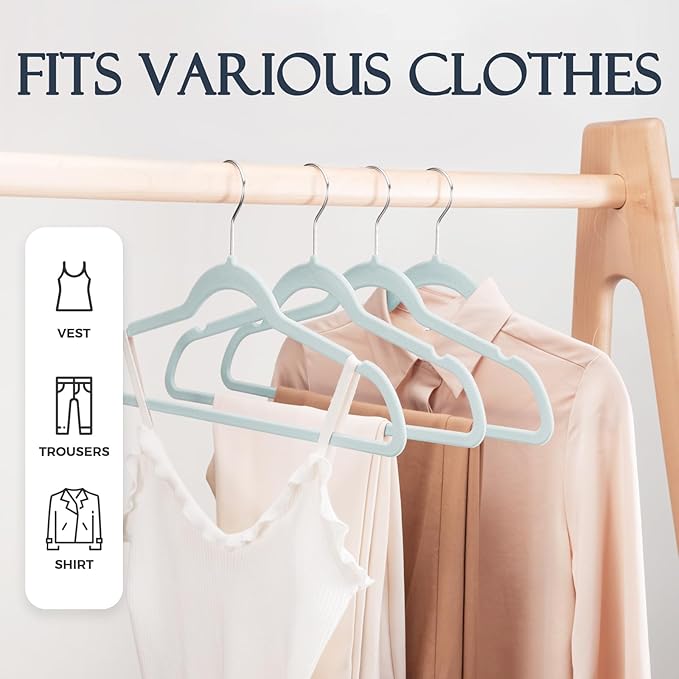 HOUSE DAY Sky Blue Velvet Hangers 60 Pack, Non Slip Clothes Felt Hanger Heavy Duty for Coat, Premium Slim Space Saving Suit Hangers for Closet Organizer, 360° Rotating Silver Hook