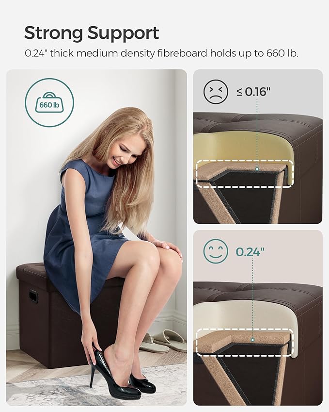 SONGMICS MAZIE Collection - 15 Inches Ottoman with Storage, Footstool, Storage Ottoman with Metal Grommet Handles, Load 660 lb, for Dorm, Living Room, Bedroom, Synthetic Leather, Brown ULSF30Z