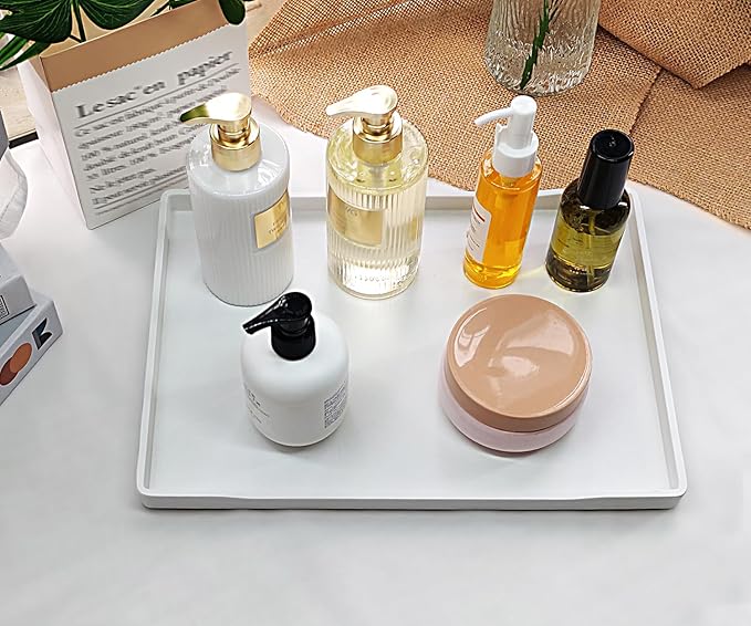 White Serving Tray (13.5 x 9.6 inch) for Serving Accessory, Elegant & Stackable Plastic Tray for Spa, Coffee, Drinks, Tea, Bar, Party, Seasoning, Perfume and Display Use.
