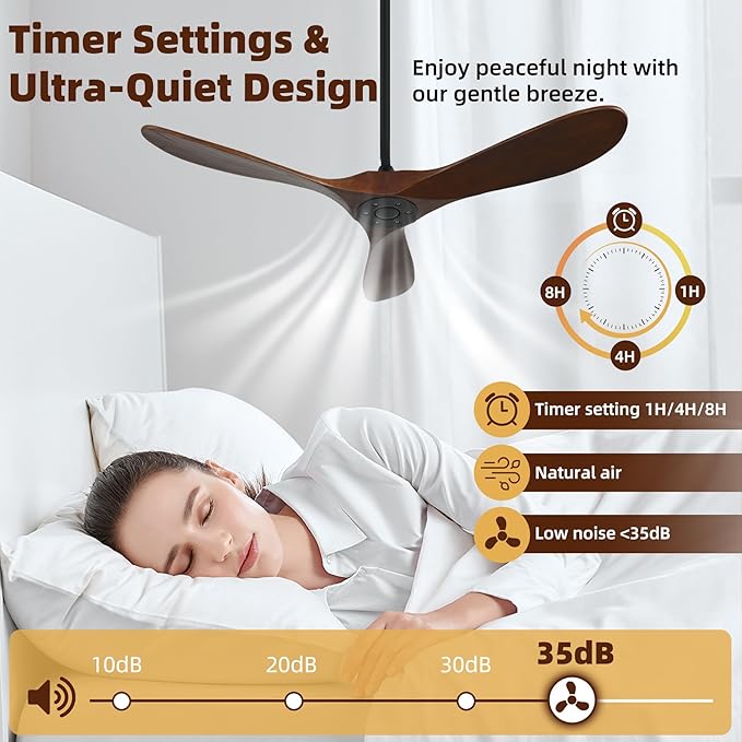 Smart Ceiling Fan no Light, 52 Inch Outdoor Ceiling Fan Without Light, Compatible with Alexa/Google/App, 3 Solid Wood Blades, Modern Wood Fan for Patio, Bedroom, Living Room,Dark Walnut