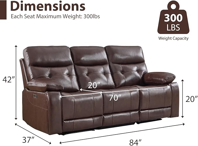 CANMOV Genuine Leather Power Recliner Sofa,3 Seater Reclining Sofa with Comfortable Arms and Back,Modern Electric Recliner Couch Set with Hidden Cup Holders,USB Port for Living Room,Dark Brown