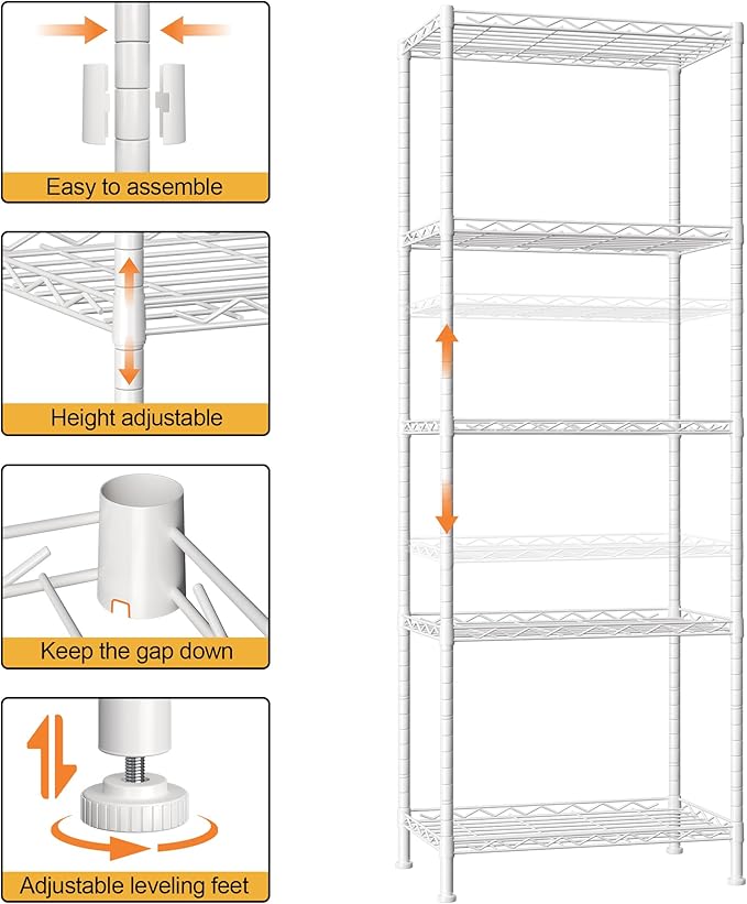HOMEFORT 5-Shelving Unit, Adjustable Wire Shelving, Metal Wire Shelf Rack Organizer for Kitchen, Pantry, Closet, Bathroom, Laundry, White,21" W x 11" D x 53" H