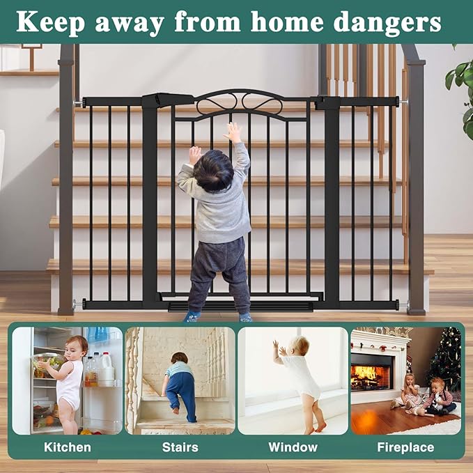 29.5"-48.8" Extra Wide Baby Gate for Stairs, Pressure Mounted Easy Walk Thru Metal Pet Gate Safety Child Gate No Drill, Auto Close Long Dog Gate for The House & Doorways, Black