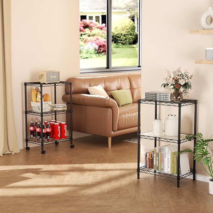 SINGAYE 3 Small Shelves Storage Shelf Wire Shelving Unit Metal Shelf Adjustable Organizers Storage Shelving with Wheels for Bathroom Laundry Room Kitchen Pantry11.5”D x 17.5”W x 30.5”H Black