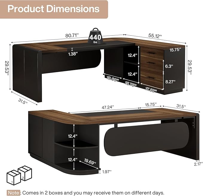 Tribesigns 80'' L-Shaped Desk, Large Executive Office Desk with 55'' Drawers Cabinet, Modern Commercial Office Table with Storage Shelves, Business Furniture for Home Office, Brown & Black
