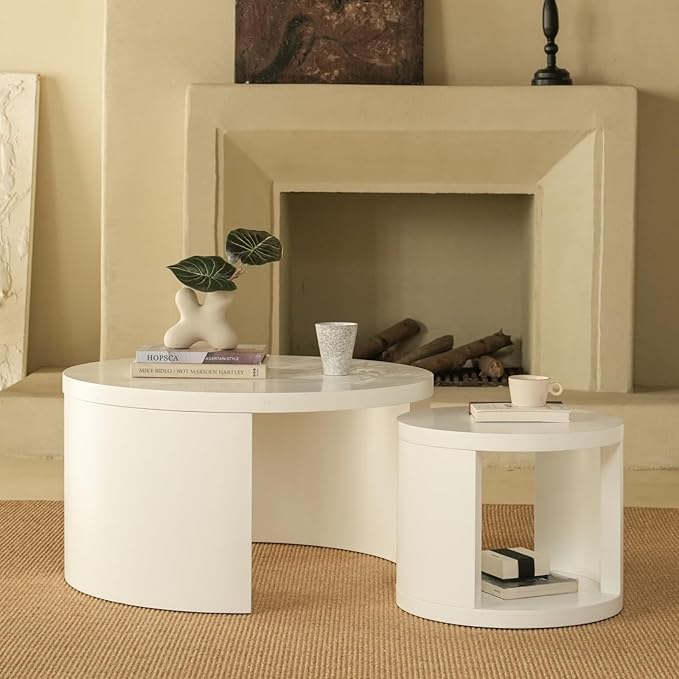 Round Nesting Coffee Table Set of 2, 31.5" Large and 18" Small Low Tables, Modern Wood Grain Tables for Living Room, White