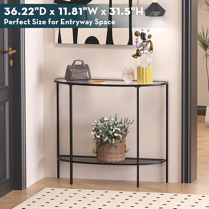 SAYGOER Glass Half Moon Console Table 2 Tier Narrow Entryway Table with Black Metal Frames, Modern Couch Table Small Entry Way Tables, Easy Assembly, Clear Glass