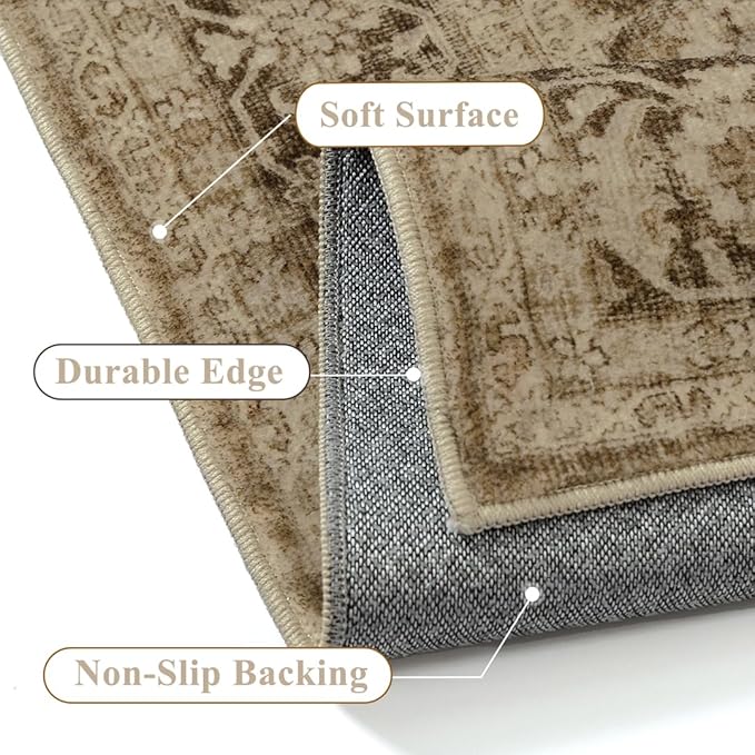 Brown 8x10 Area Rug Non Slip Large Vintage Living Room Distressed Machine Washable Retro Carpet Indoor Bedroom Traditional Floral Accent Throw Rug for Office Kitchen Dorm Dining Room