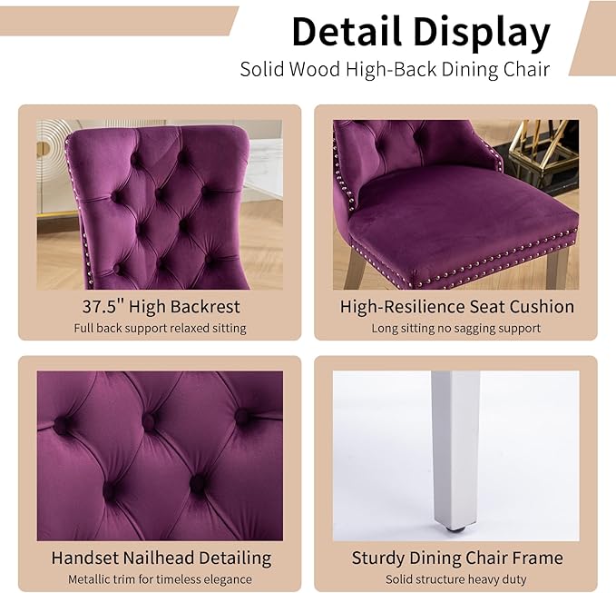 Luxury Upholstered Dining Chairs Set of 8, Purple Kitchen Chair with Silver Metal Legs, Velvet Tufted Back Dining Chair, Sillas de Comedor, Modern Kitchen & Dining Room Chairs (Purple, 8 Pcs)